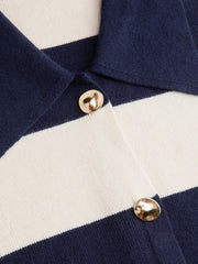 Knit Collar Two Tone Striped Split Tank Top With Metal Button