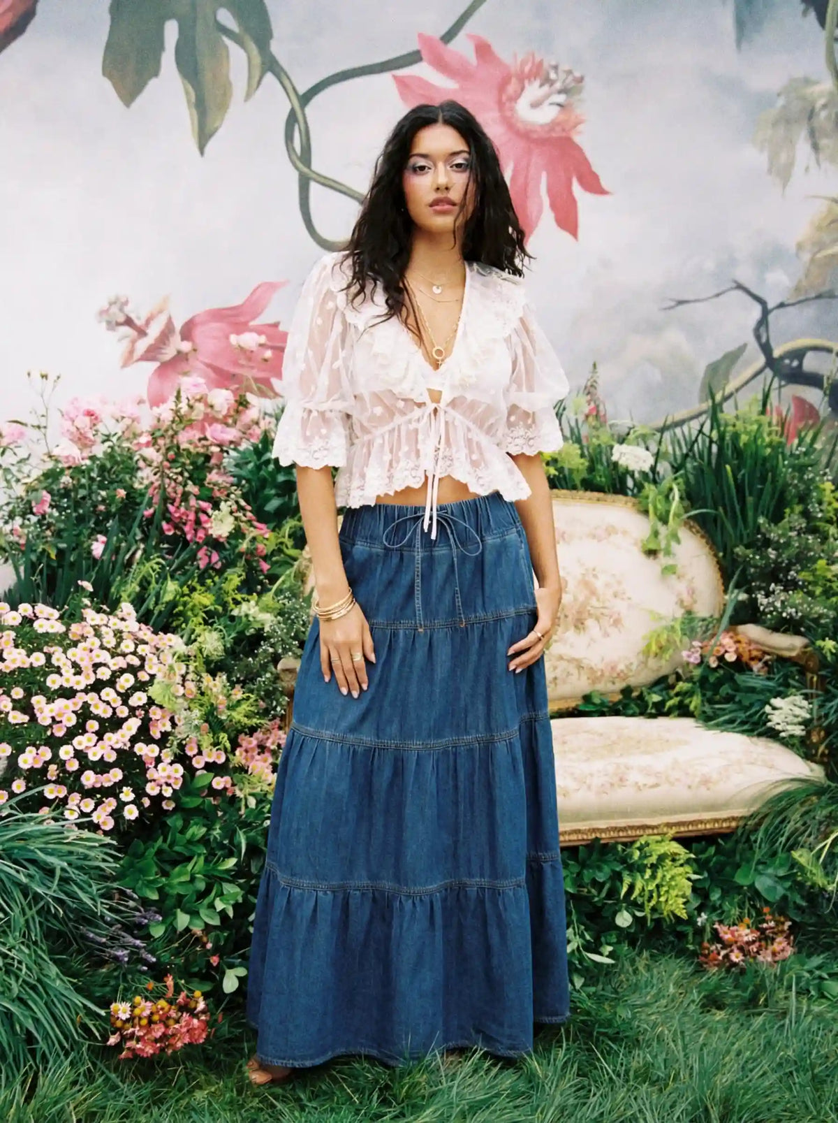 Denim Mid Rise Drawstring Tiered Flared Maxi Skirt