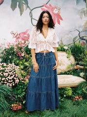 Denim Mid Rise Drawstring Tiered Flared Maxi Skirt