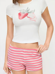 Strawberry Graphic Round Neck Tee and Striped Shorts Set