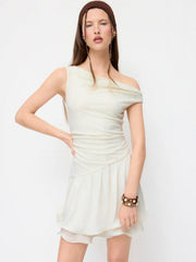 Asymmetrical Neck Paisley Lace Ruched Flared Mini Dress