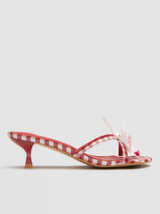 FLOWER & GINGHAM KITTEN HEEL FAUX LEATHER SANDALS