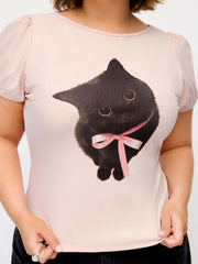 Cotton-blend Cat Print Boat Neck Puff Sleeve Top Curve & Plus