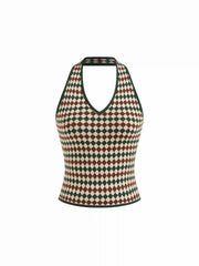 Knit Halter Neck Argyle Pattern Tank Top