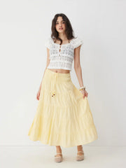 Hollow Out Lace Panel Square Neck Ruffle Sleeve Oversized Crop Top