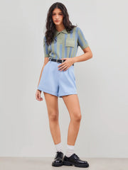 Knit Polo Collar Striped Pocket Short Sleeve Top