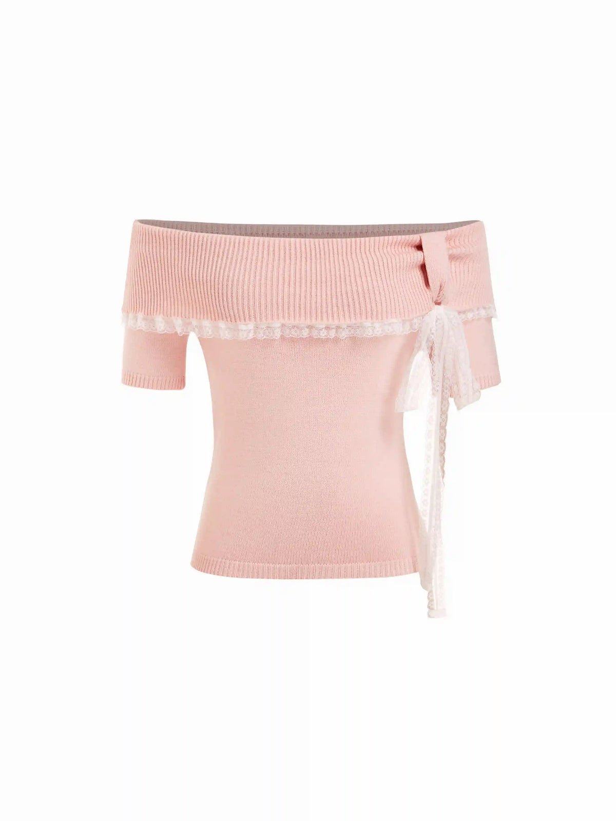 Knit Off-Shoulder Lace Trim Short Sleeve Top