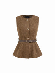 Wool-look Metal Button Round Neckline Blazer Vest With Belt