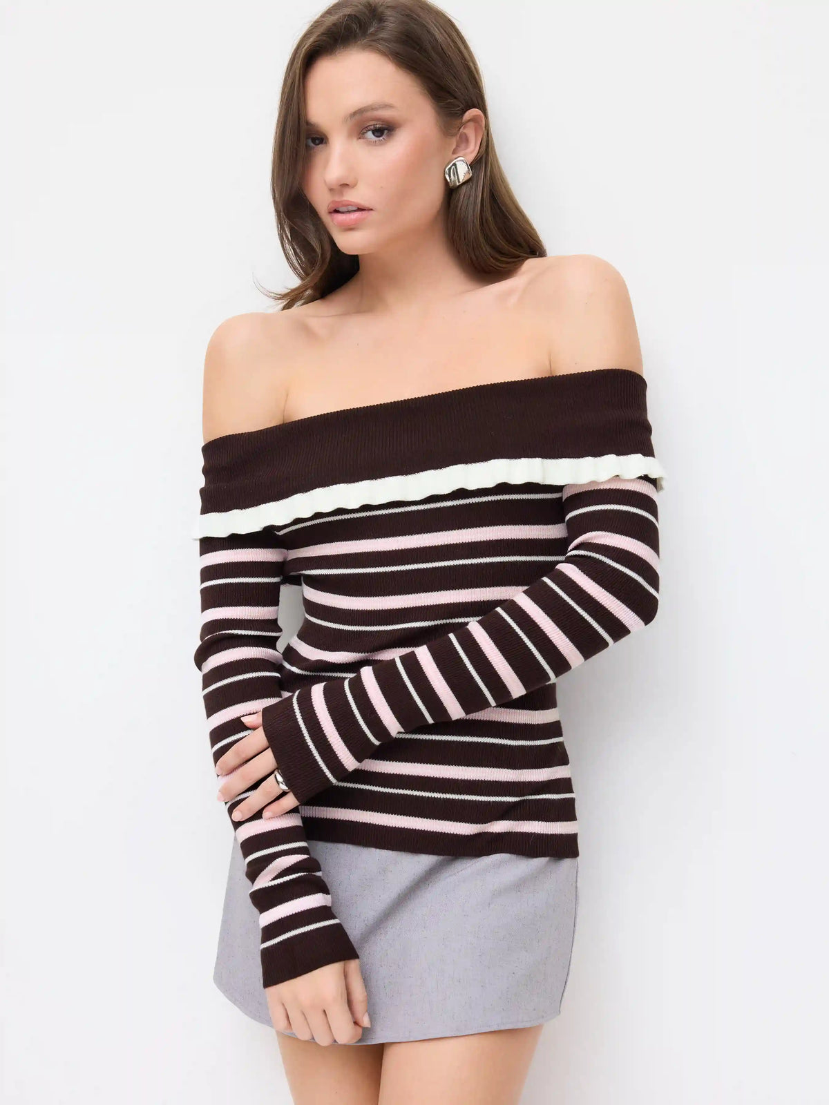 Knit Off-Shoulder Striped Ruffled Top