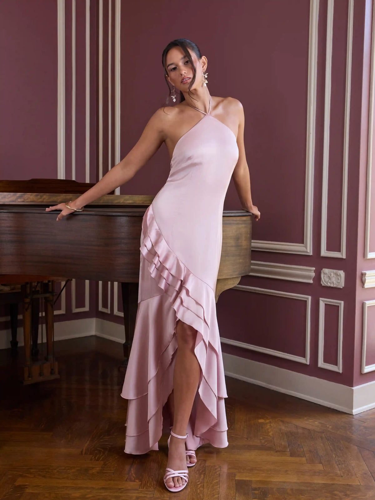 Satin Halter Neckline Ruffle Hem Maxi Split Dress