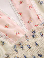 Halter Neckline Ditsy Floral Lace Lettuce Trim Shirred Patchy Tiered Mini Dress