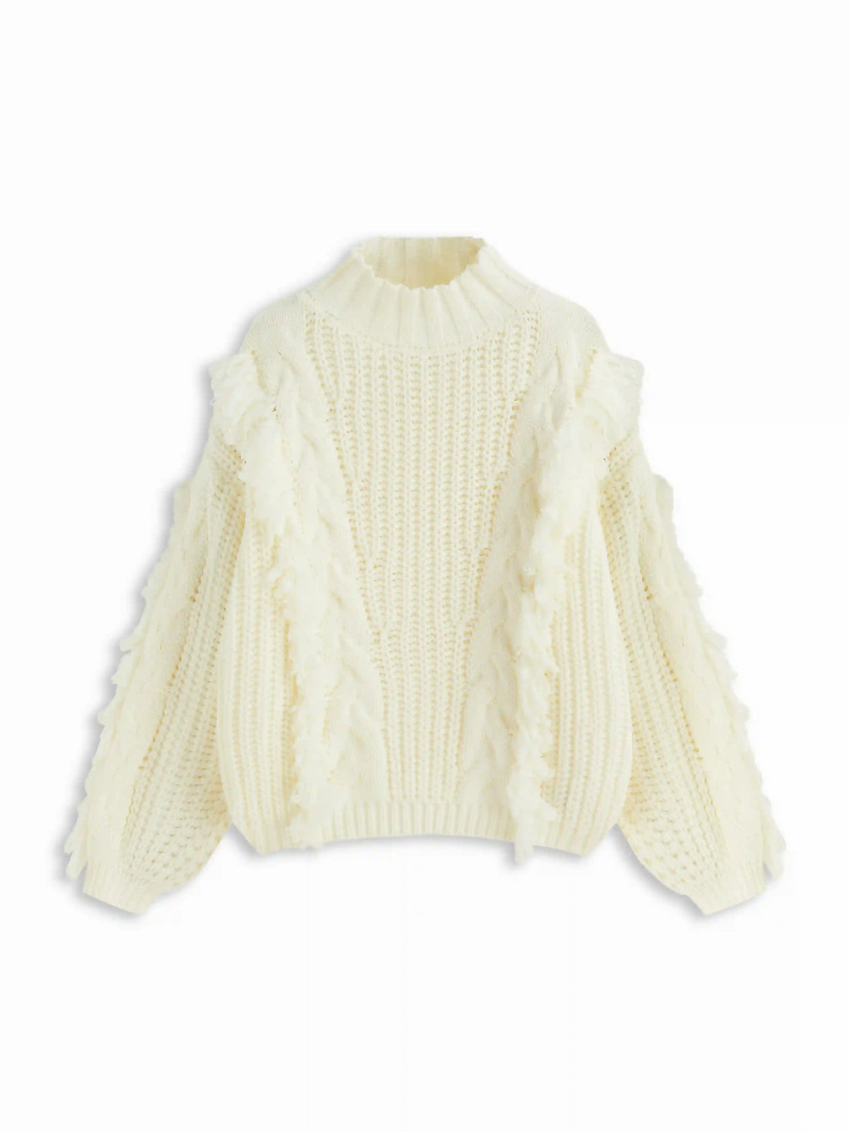 Cable Knit High Neck Long Sleeve Fringe Oversized Top