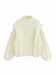 Cable Knit High Neck Long Sleeve Fringe Oversized Top