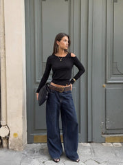 Asymmetrical Neck Long Sleeve Top With Button Detail