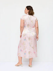 Satin Floral Mandarin Collar Tie Front Cut Out Maxi Mandarin Dress Curve & Plus
