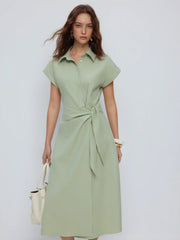 Linen-blend Short Sleeve Twist Knotted Shirt Midi Dress