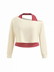 Two Piece Terry Asymmetrical Neck Crop Sweatshirt With Striped Tank Top Curve & Plus