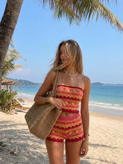 Knit Aztec Flannel Bandeau Tube Top & Mid Rise Micro Shorts Set