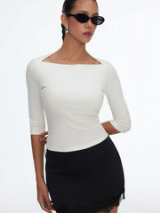 Textured Boat Neck Mid-length Sleeve Slim Top
