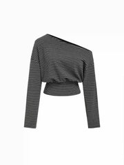 Cotton-blend Asymmetrical Neck Stripe Top & Mid Rise Hanky Hem Midi Skirt Set