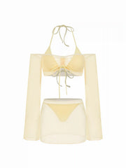 Halter Neckline Ruched Tie Side Bikini Set With Bowknot Ruched Cover Up Set