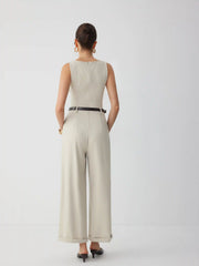 Textured Boat Neck Mid Rise Straight Leg Jumpsuit With Belt