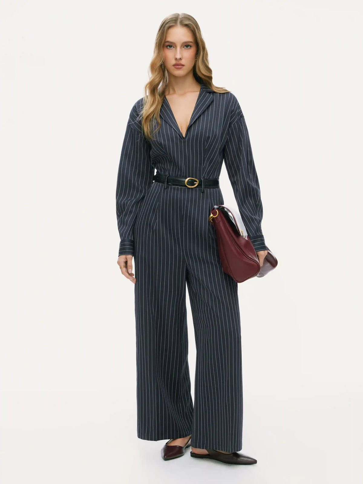 V-neck Striped Wide Leg Jumpsuit With Belt
