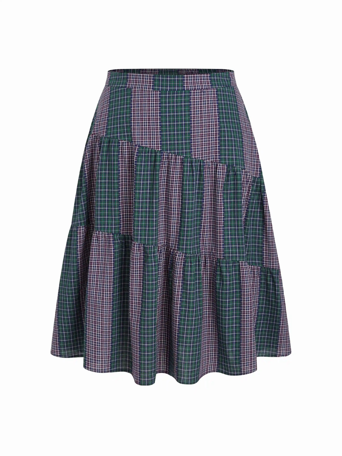 Cotton-blend Mid Rise Tartan Patched Tiered Maxi Skirt Curve & Plus