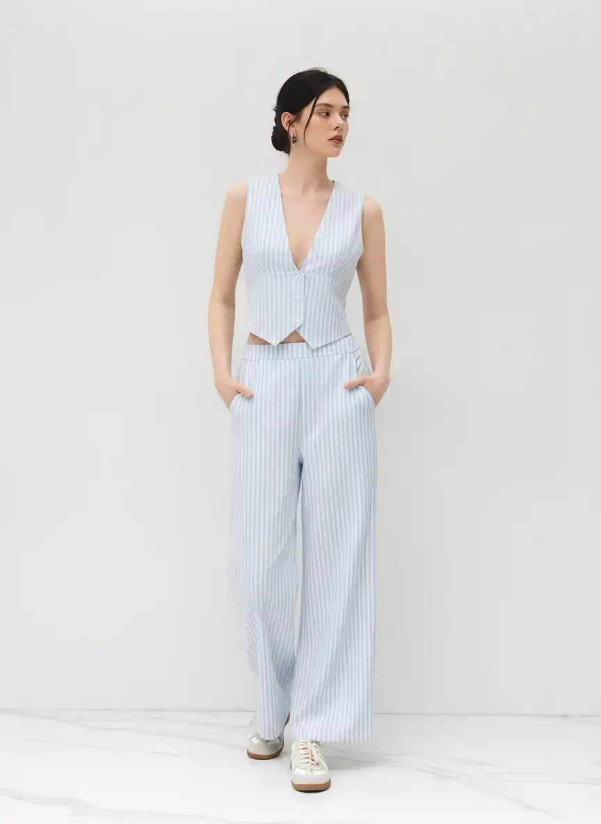 V-neck Striped Belted Vest With Mid Rise Striped Pocket Straight Leg Trousers