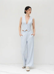V-neck Striped Belted Vest With Mid Rise Striped Pocket Straight Leg Trousers