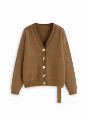 Knit V-neck Belted Metal Button Detail Oversized Cardigan