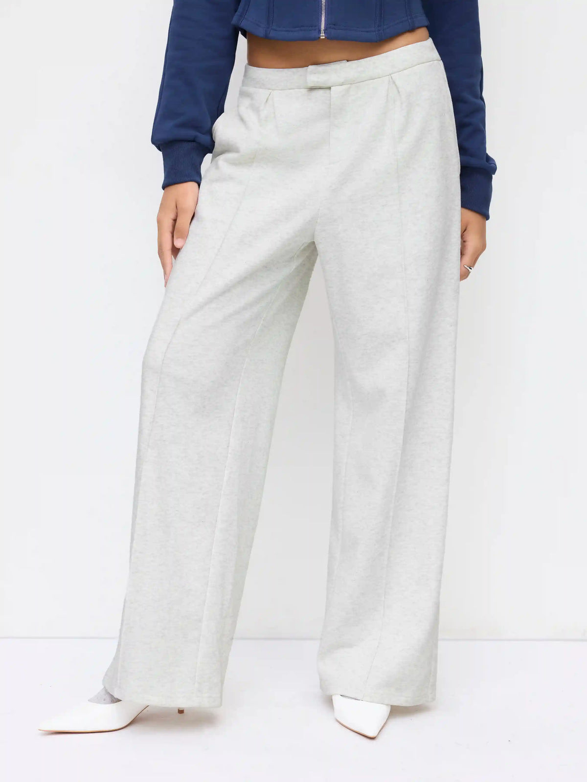 Cotton-blend Mid Rise Elastic Waist Straight Leg Trousers
