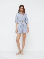 Cotton-blend Polo Neck Stripe Elastic Waist Knotted Romper