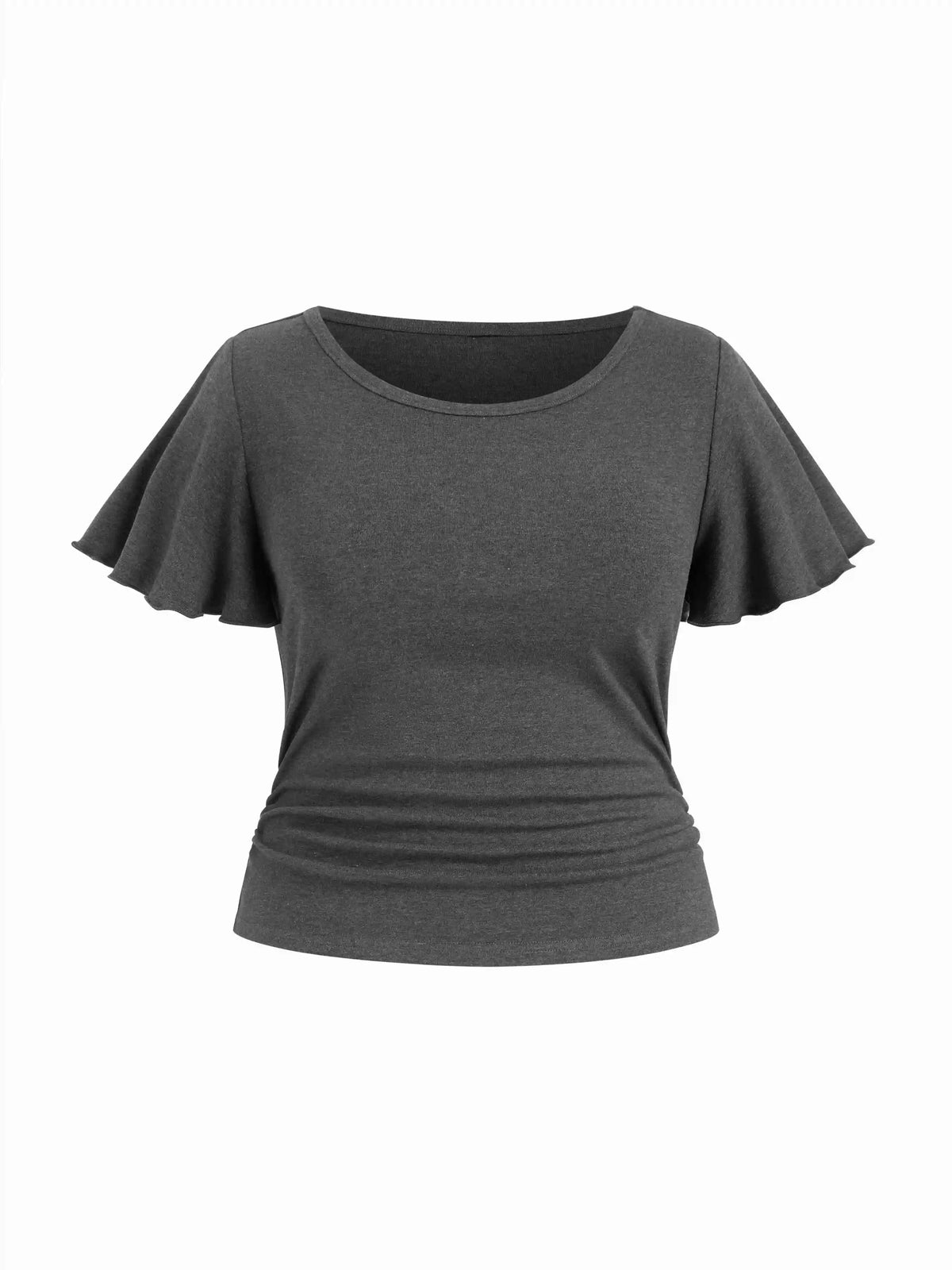 Round Neckline Ruffle Sleeve Ruched Waist Top Curve & Plus
