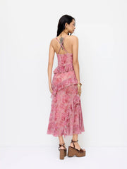 Mesh Floral Cowl Neck Ruffled Mermaid Maxi Dress