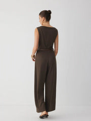Boat Neck Mid Rise Straight Leg Jumpsuit With Belt