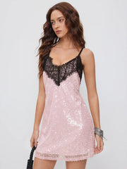 Sequins V-neck Lace Trim A-line Mini Dress