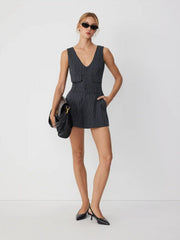 Stripe V-neck Flap Detail Mid Rise Romper