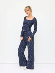Waffle Ditsy Floral U-neckline Cropped Top & Mid Rise Drawstring Flared Trousers Set