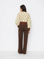 Knit Plaid Colorblock Round Neckline Lantern Sleeve Button Cardigan