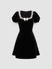 Velvet Square Neck Solid Bowknot Mini Dress
