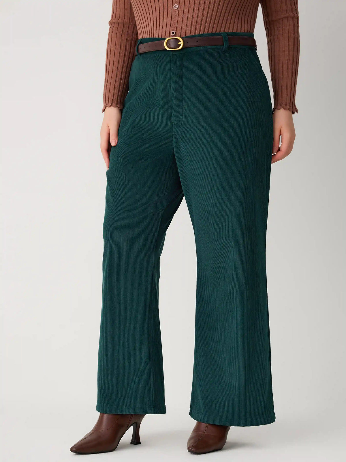 Corduroy Middle Waist Pocket Straight Leg Trousers With Belt Curve & Plus