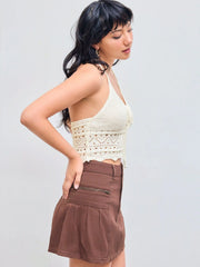 Halter Knotted Lettuce Trim Crop Cami Tank Top