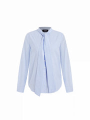 Cotton-blend Stripes Stand Collar Bowknot Oversized Blouse With Scarf