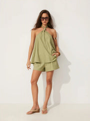 Linen-blend Halter Neck Twist Knotted Oversized Top & Mid Rise Shorts Set