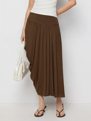 Mid Rise Cocoon Ruched Pleated Midi Skirt