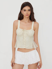 Cotton Square Neck Broderie Anglaise Knotted Ruffle Tank Top