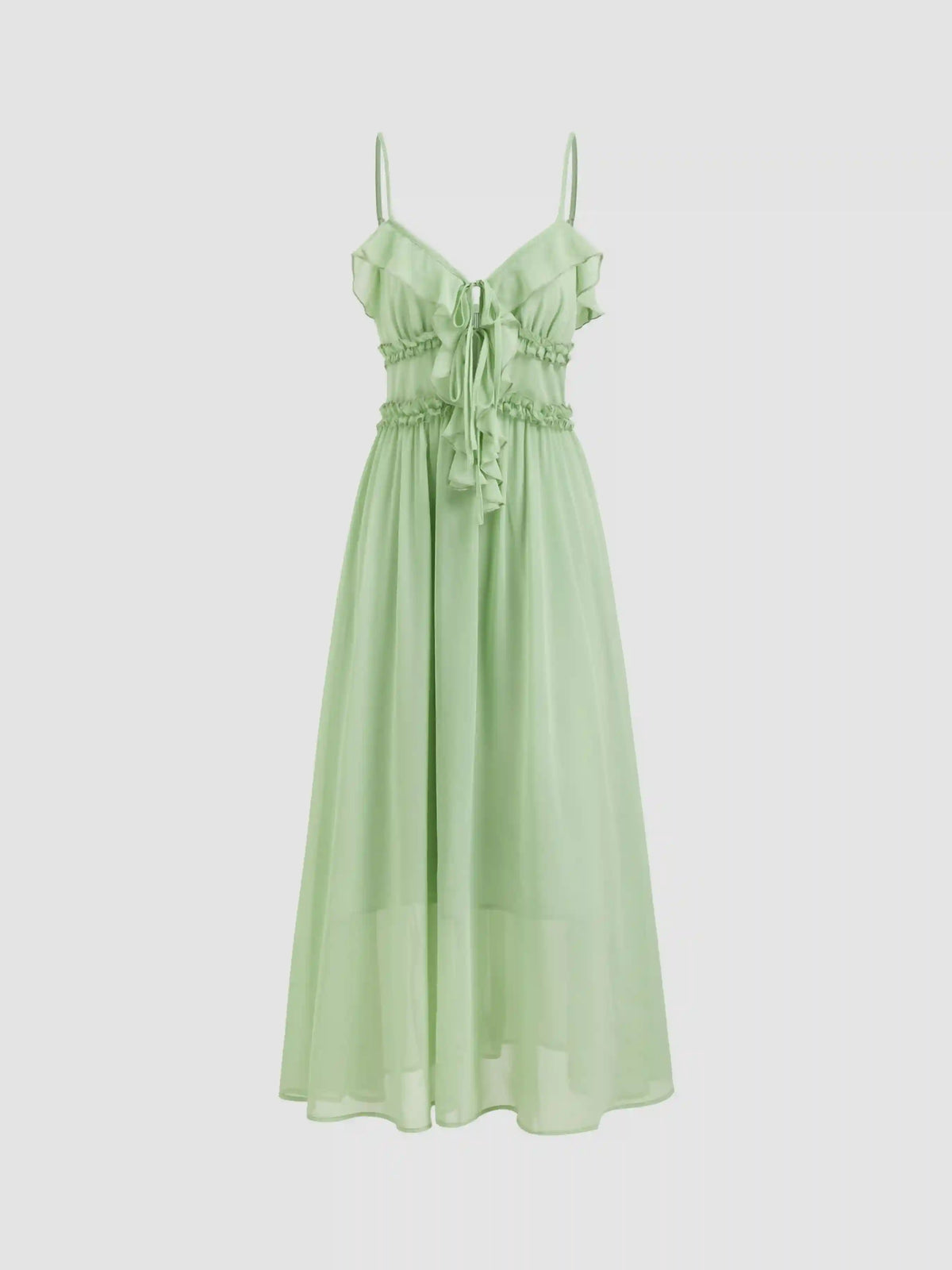 Chiffon V-neck Ruffle Lettuce Trim Knotted Maxi Dress