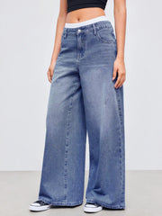 Cider Denim Mid Rise Solid Wide Leg Jeans