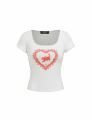 Cotton-blend Square Neck Animal Graphic Lace Trim Short Sleeve Tee